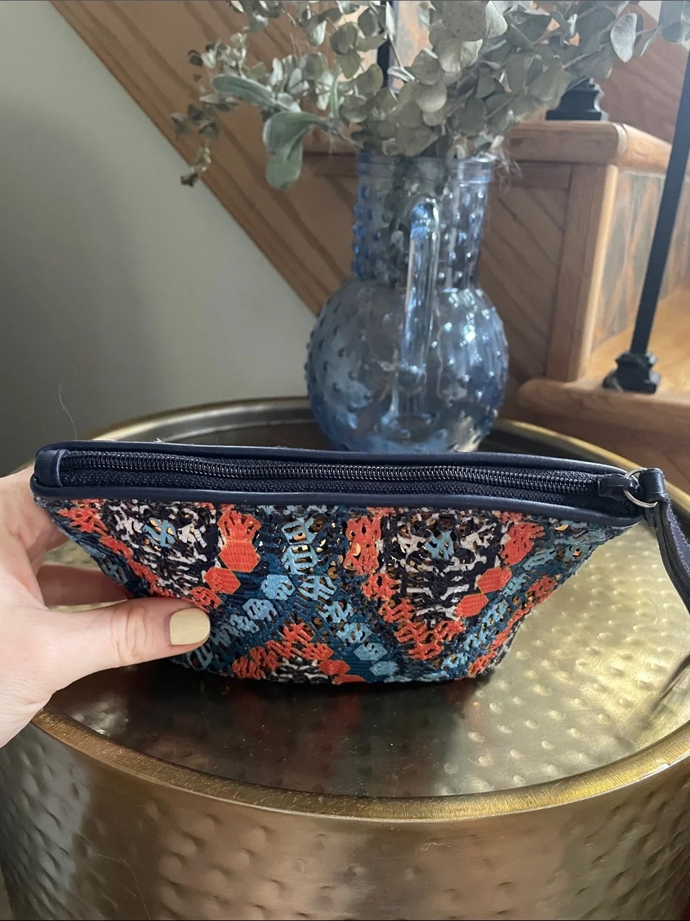 Vera Bradley Navy, Orange & Light Blue Embroidered Wristlet With Wrist Strap